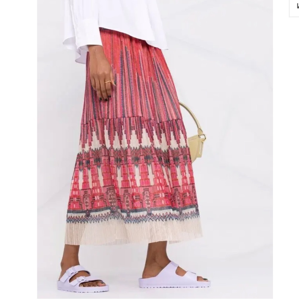 Ba&sh Daris metallic plisse pleated midi skirt red geometric abstract print jupe